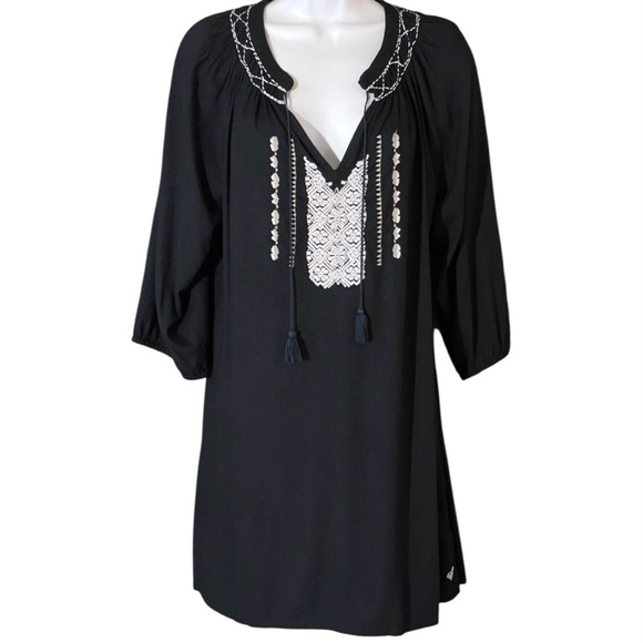 Roxy Quiksilver Floral Embroidered Peasant Dress Medium Black Hippie Boho Beachy - Picture 1 of 9